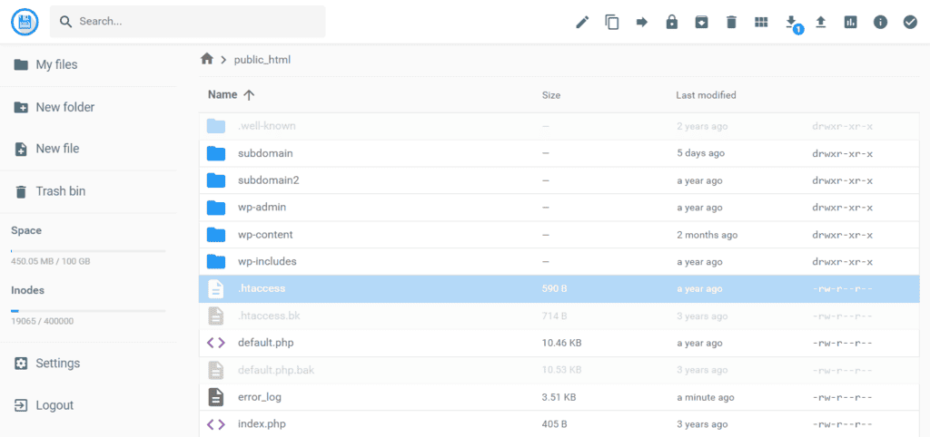 File .htaccess evidenziato nella cartella public_html sul file manager di hPanel
