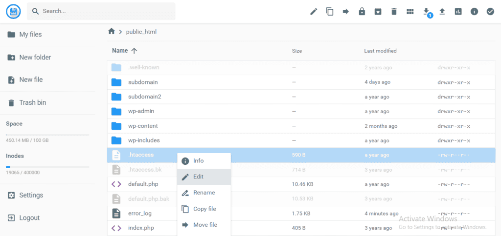 L'opzione "Modifica" per il file .htaccess evidenziato nella cartella public_html sul file manager di hPanel
