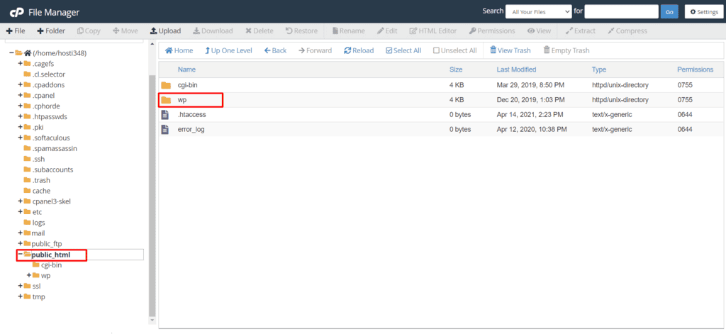 Cartella WP sul File Manager di cPanel.
