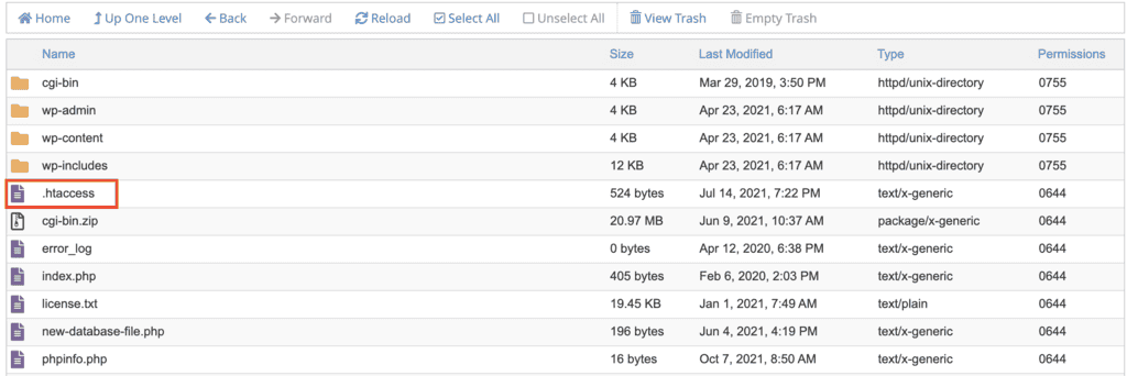 .htaccess sul File Manager di cPanel.
