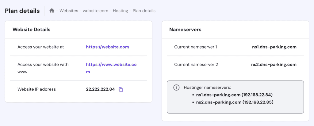 L'indirizzo IP del sito web e le informazioni attuali sui nameserver su hPanel
