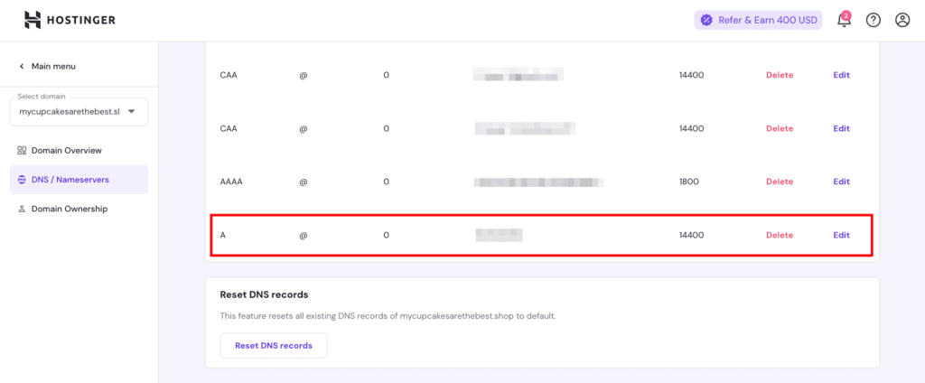 Record DNS di un dominio personalizzato con il record A in evidenza
