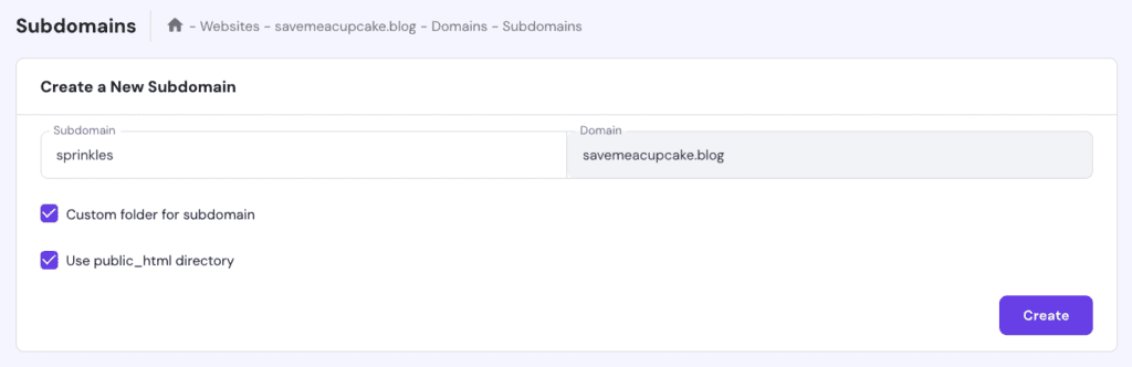 Creazione di un modulo di sottodominio nell'hPanel di Hostinger
