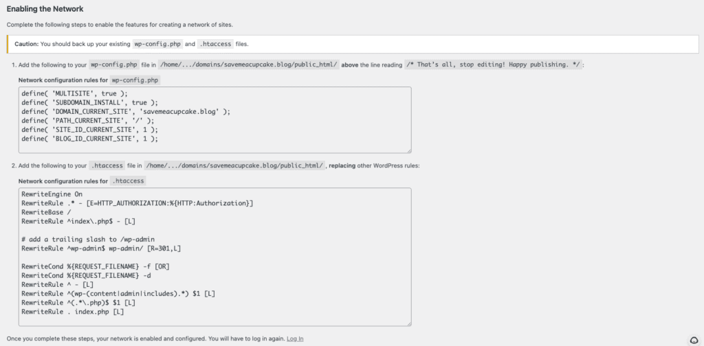 Pagina di configurazione della rete WordPress con parti di codice per impostare una nuova rete
